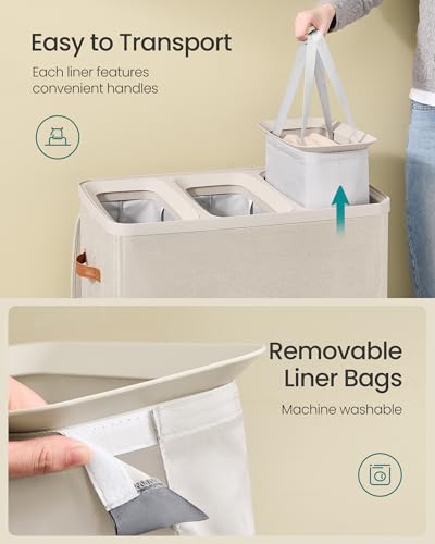 Image of SONGMICS Laundry Basket, 50.2 Gal. Laundry Hamper, 3 Compartments, Easy Assembly, with Lid and Handles, Removable Liners, 25.2 x 15.7 x 29.5 Inches, Cappuccino Beige ULCB814LH01