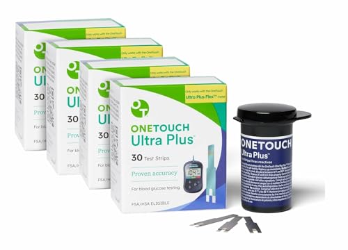 OneTouch Ultra Plus Test Strips - 120 Count - Diabetic Test Strips for Blood Glucose Meter & Daily Blood Sugar Levels - 30 Count/Pack (4 Pack)