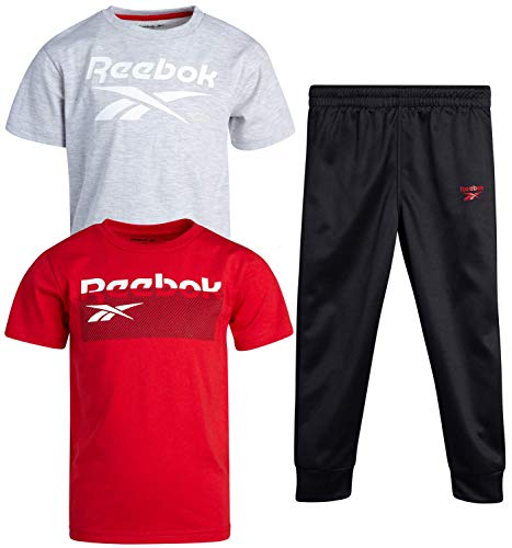 Reebok Baby Boys' Jogger Set  3 Piece Short Sleeve T-Shirt and Sweatpants Playwear Set (Infant/Toddler), Size 3 Toddler, Black/Red/Heather Grey