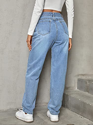 Women's High Waisted Straight Leg Asymmetrical Button Denim Jeans Trendy Long Casual Pants3