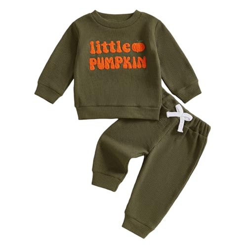 Karuedoo Toddler Baby Boy Halloween Outfit Little Pumpkin Embroidered Waffle Knit Sweatshirt and Pants Set 2Pc Fall Clothes