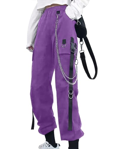 XKBHYD Calças cargo para mulher, estilo casual, estilo urbano, soltas, estilo gótico, rock, com corrente, Roxo e amarelo:, S