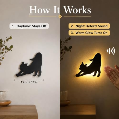 Cat Shadow Night Light Set, LED Cat Silhouette Wall Light with Light & Sound Sensor, Cute Animal Projection Lamp, Warm Ambient Night Lamp for Bedroom, Hallway Decor, Cats Lovers Gift (B.) - Image 4