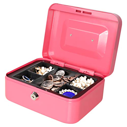 Jssmst Small Cash Box with Key Lock - Durable Metal Cash Box with Money Tray Pink, CB0104M - Thumbnail 6