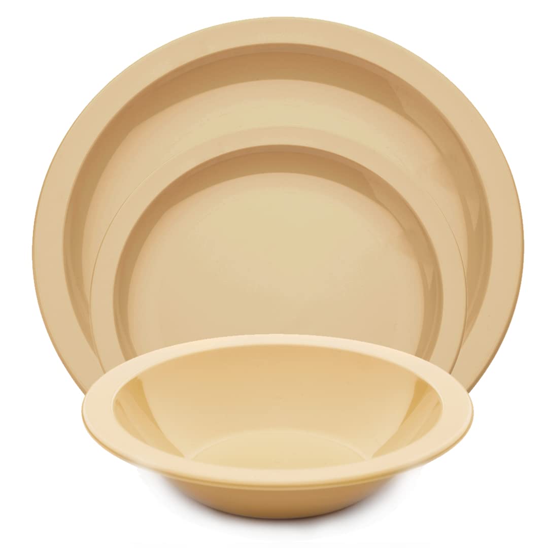 Harfield 3 Piece Tableware Set Dining Plates & Bowl Virtually Unbreakable Reusable Polycarbonate (Beige)