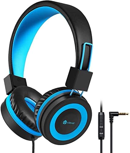 iClever Kids Wired Headphones for Boys, Headphones for Kids, Over Ear Headphones with Mic Safe Volume Limited Adjustable Headband Foldable Kids Headset for Online Class/iPad/Tablet, Blue