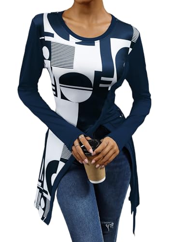 Casual Women’s Geometric Print Long Sleeve Tunic – Stylish Asymmetrical