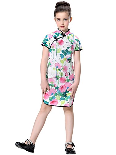 Girls Impressionist Watercolor Flowers Cotton/Linen Chinese Qipao
