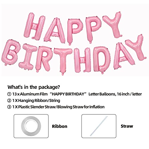 Happy Birthday Balloon Banner Party 16 Inch 3D Aluminum Foil Inflatable Letter Kit Set Banner Balloons Birthday Party Decorations Supplies Party (Pink) #TOP1