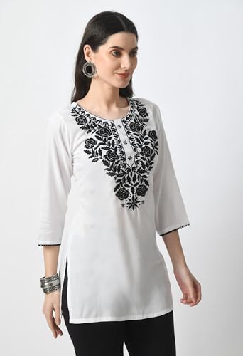 Image of LIBOZA Kurti for Women - Short Chikankari Kurtis for Girls, Lakhnawi Tunic Top Kurta Design for Ladies, Woman Ethnic Kurthis & Shirt with Sleeve