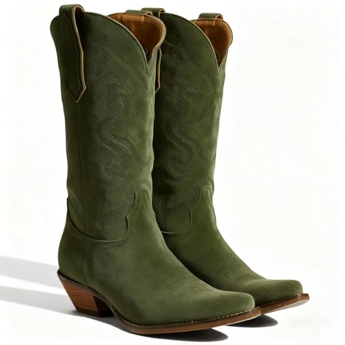 Image of LEHOOR Cowboy Boots Women Embroidered Mid Calf Western Boots Stacked Low Heel Pointed Toe Pull On Cowgirl Boot 4-11 M US