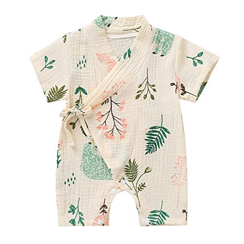 MetCuento Newborn Girls Kimono Robe Cotton Yarn Short Sleeve Bodysuit Romper Baby Infant Japanese Pajamas Playwear Summer Outfit White 6-12 Months