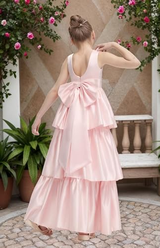 Satin Flower Girl Dress with Bow-Knot Layers A Line Birthday Party Dresses for Girls Maxi Prom Ball Gowns3