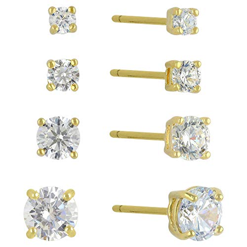 Unbranded Cubic Zirconia Set of 4 Round Stud Earrings with 14k Gold Plating in Sterling Silver - Gold