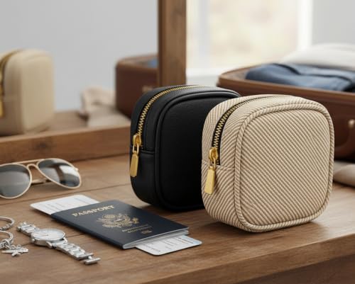 Image of Multipurepose Small Leatherette Coin Pouch Combo for Men & Women - Premium Zip Closure Mini Wallet for Coins, Keys & Earphones (Pack of 2) (Black /White-Rib)