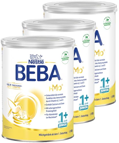 BEBA Junior 1+ Milchgetränk ab dem 1. Geburtstag, Mit HMO, Altersgerecht angepasster Proteingehalt, Nur Laktose, Ohne Palmöl, Ohne Fischöl, Kleinkindnahrung, Baby-Milchpulver, 3er Pack (3 x 800g)
