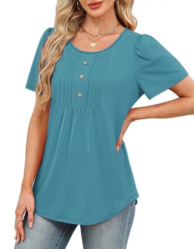 Image of Womens Tops Dressy Casual Blouses Short Sleeve Shirts Plus Size Fashion Clothing Spring Summer Outfits Button Pleated Front