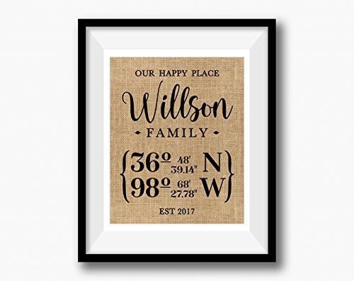 Personalized Our Happy Place Family Location Sign Latitude Longitude GPS Coordinates 100 percent Burlap or Canvas Anniversary Gift