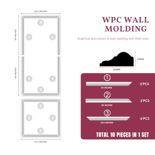 Image of WPC Charcoal Wall Moulding Set of 2 Frames | Self Adhesive Peel & Stick Waterproof Wall Trim Panels | 5x2 Ft & 2x2 Ft Decorative Frames for Interior Decor, White (Pack of 2)