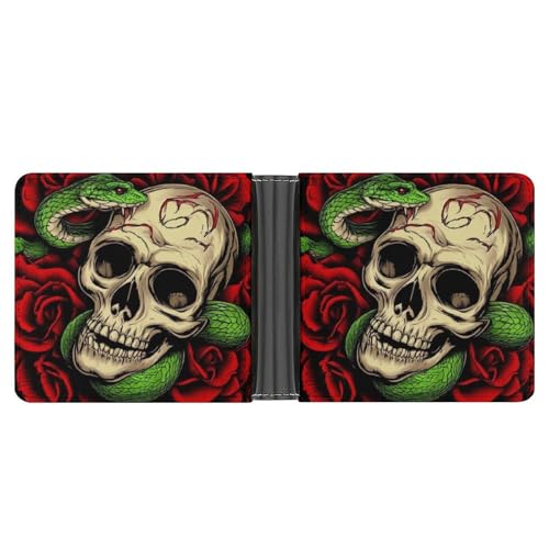 Pu Leather Bifold Wallet for Men Waterproof Credit Card Holder Purse with Card Slots Skull Red Rose Florals Snake Art Wallet for Office Travel
