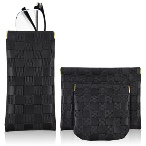 3PCS Small Makeup Bag for Women Mini Cosmetic Bags Leather Pocket Pouch Purse Snap Closure Waterproof Portable Bag Checkered Storage Travel Bag for Lipstick Change Glasses Coin Cards (Black)