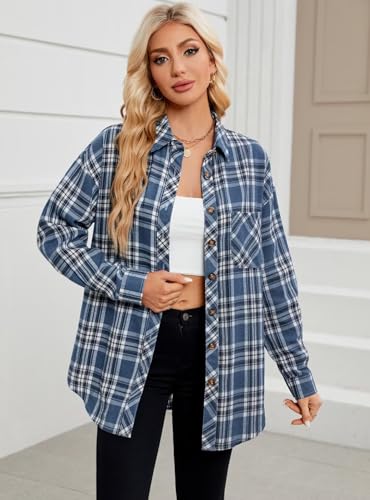 Image of Lacozy Womens Buffalo Plaid Flannel Shirt Long Sleeve Collar Button Down Blouses Tops