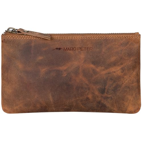 Marc Peter® Vintage Austin Federmäppchen aus Leder Federtaschen Mäppchen Etui mit YKK Reißverschluss, Große Kapazität Pencil Case Großes Federmappe Vintage Bräune