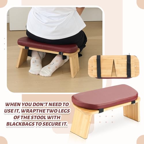 Folding Meditation Bench with Leather Cushion Bamboo Stool Comfortable Prayer Seat Seiza Meditation Chair for Yoga, Travel, Pray, Zen Practice Stool - Image 5