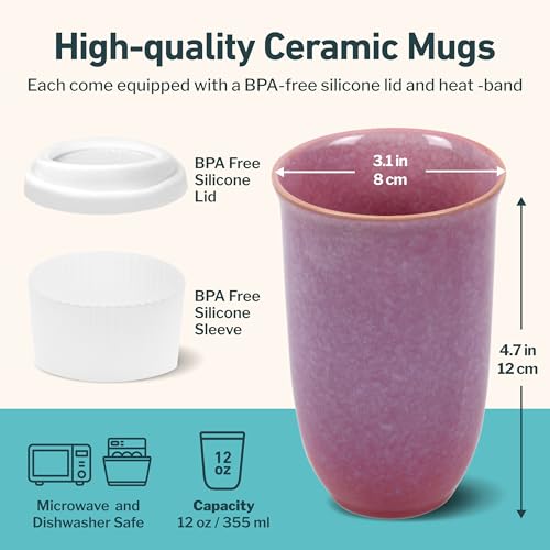 Image of NOVA CERAMICS Coffee Travel Mug - Cup Holder Friendly Travel Mug- Microwave & Dishwasher Safe White & Purple Tumbler - Coffee Mug Fits In Cup Holder - 12oz - Astral Bloom
