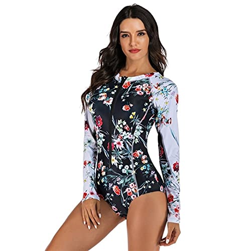 Maiô floral de manga comprida, roupa de banho feminina, roupa de banho retrô de uma peça, roupa de b