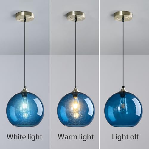 Image of Blue Glass Pendant Lights Kitchen Island Lighting Globe Pendant Light Fixtures Modern Pendant Lighting for Kitchen Island Bedroom Living Dining Room Light Fixture(9.84in, 3-Pack)