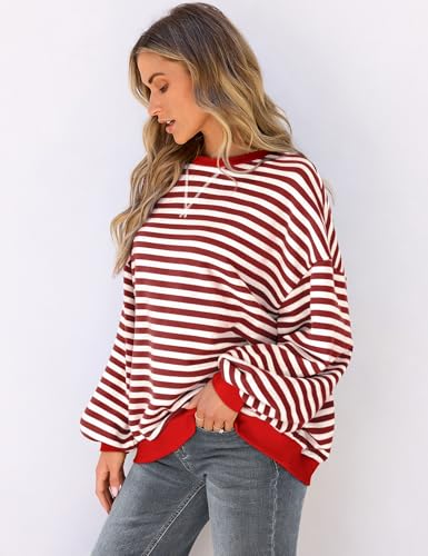 Image of UEU Women Oversized Striped Crewneck Sweatshirt Long Sleeve Color Block Pullover Tops Casual Loose Workout Shirt