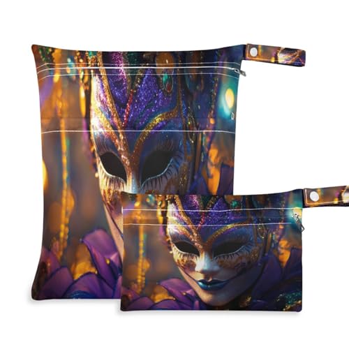Takiito Mardi Gras Mask 2 Pcs Wet Dry Bags for Cloth Diapers, Waterproof & Reusable Wet Bag for Nursery Beach Pool Gym with Two Zippered Pockets