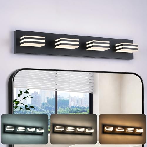 Image of 4-Light LED Black Vanity Lights for Bathroom Light Fixtures Adjust 3 Colors Modern Bath Lighing Over Mirror LED Vanity Light 27inch Acrylic Heads