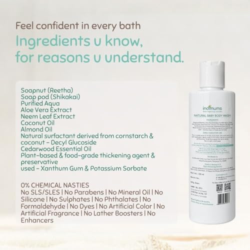 Image of Indimums Natural Baby Body Wash 1 Litre (2x500ml) |Cleans Without Stripping | Supports Skin Barrier | Reetha & Shikakai Not SLS | pH Balanced | Tear-Free | Dermatologist Tested | Best Value Pack