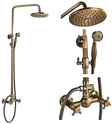 Duschsystem Antik mit rundlicher schwenkbarer Kopfbrause und schwenkbarem Duscharm für Wandmontage Badezimmer Duscharmatur inkl. 150cm Brauseschlauch aus rostfreiem Edelstahl Farbe: Messing Antik