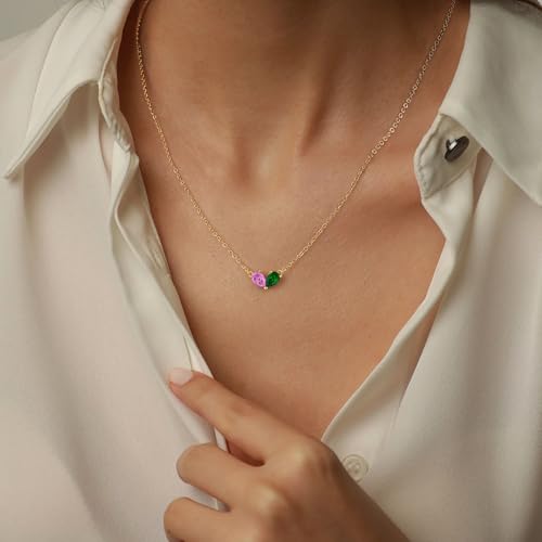 Turandoss Double Birthstone Necklace - 14K Dainty Gold Plated Necklaces for Women, Birthstone Necklace for Women Girls Jewelry Gifts4