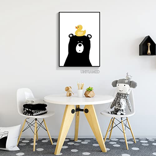 Funny Animal Black Bear Ducky Bathroom Canvas Wall Art Modern Cute Rubber Duck Room Aesthetic Posters Trendy Baby Kids Nursery Toilet Restroom Accessories Prints Paintings Decor 16X24In Unframed #TOP6