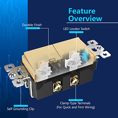 Image of LIDER Lighted Double Switch with Screwless Wall Plate, Combination Frameless Decorator Switch with Locator Light, Ground Terminal Single Pole, 15A 120V, UL Listed, Thermoplastic, Matte Gold, 2-Pack