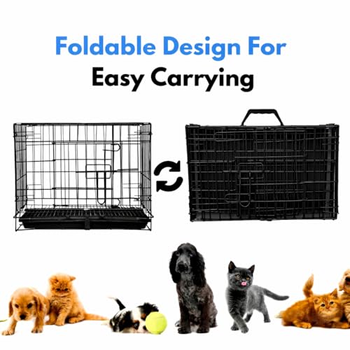 Image of Berlin's Small Puppy Dog Cage, Foldable Portable Crate, Double Door with Latches, Removable Tray, Comfort Mattress (18x14x12inches) (Black, 18 Inch)