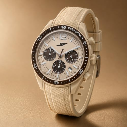 Image of SF Genesis-Bold Chronograph Quartz Analog with Beige Dial Beige Silicon Strap Watch for Men - 77186PP06