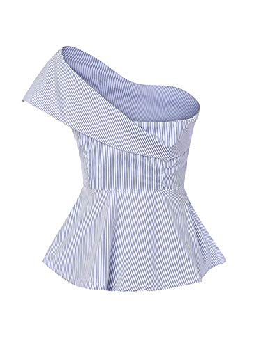 Romwe Women's Summer Slim Fit Striped Foldover One Shoulder Bow Tie Front Cap Sleeve Peplum Ruffle Top Shirt Blouse Petite Blue L=Us 4 #TOP1
