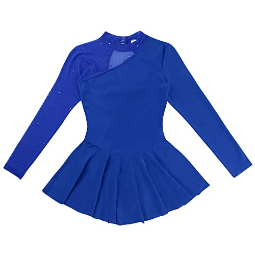YiZYiF Lyrical Women's Adult Figure Ice Skating Dress Long Sleeves Spandex Gymnastics Leotard Royal Blue Large