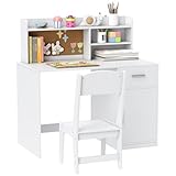 AIYAPLAY Set Scrivania e Sedia per Bambini con Ripiani, Armadietto, Cassetto e Bacheca, Set Tavolo e Sedia per Bambini 3-12 Anni, Banco Scuola per Ragazzi in Legno per Cameretta, Sala Studio, Bianco