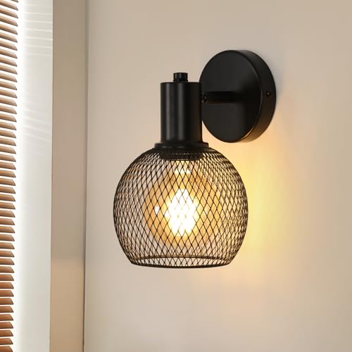Riserva Aplique Pared Interior Industrial, E27 Lámpara de Pared Vintage, Creativo Metal Jaula Luz de Pared Negro para Dormitorio, Salón, Bar, Comedor, Pasillo, Cafetería