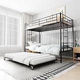 TURRIDU Bunk Bed Twin Over Twin with Trundle, Metal Triple Bunk Beds with 2 Side Ladders, Heavy Duty Bed Frame for Girls Boys Teens Adults, Can be Divided Into 3 Beds, No Box Spring Needed, Black