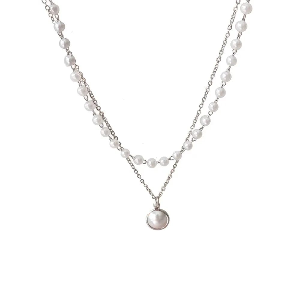 Xivir Charming Silver/Gold Plated Double Layered Beads and Pearl Drop Pendant Necklace for Women and Girls (Silver) (B0CJJZFCLF) Amazon Price History, Amazon Price Tracker