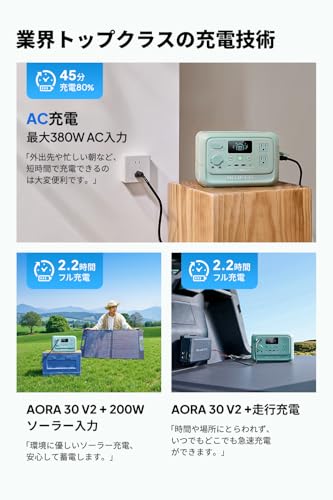 BLUETTI AORA30 V2 ポータブル電源 と 100W ソーラーパネル 1枚 セット 288Wh リン酸鉄リチウム 10年長寿命 AC100V 定格出力600W 45分で80%まで急速充電 1500Wリフト機能 0.01秒UPS 30dB静音 日本語画面 アプリ遠隔操作 耐熱防火設計 防災/キャンプ/車中泊に （ミントグリーン）