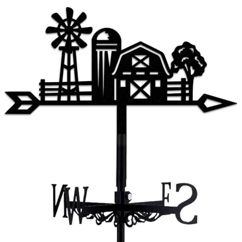 BEUNITONE Farm Weather Vane, Black Metal Weathervane Roof Mount, Wind Direction Indicators Wind Measuring Tool Outdoor, Wind Vane Ornament Decoration for Shed Garden Yard Farmhouse Patio Decor