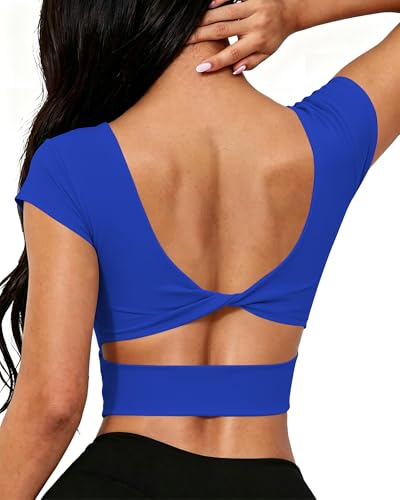 Image of DaiLiWei Open Back Workout Tops for Women Short Sleeve Longline Sports Bras Support Crop Tank Yoga Shirts with Built in Bra